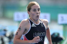 Golden mile: Yorkshire's Jess Learmonth runs her leg of the mixed relay triathlon in Tokyo in which Great Britain won Olympic gold (Picture: Leon Neal/Getty Images)