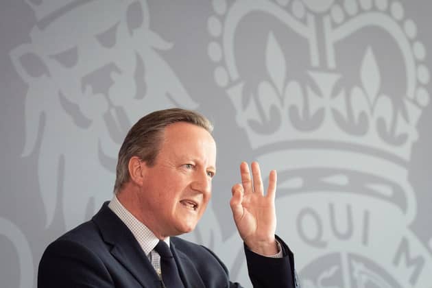 Foreign Secretary Lord David Cameron delivers a speech at the National Cyber Security Centre in London. PIC: Stefan Rousseau/PA Wire