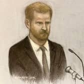 Court artist sketch by Elizabeth Cook of the Duke of Sussex giving evidence at the Rolls Buildings in central London. PIC: Elizabeth Cook/PA Wire