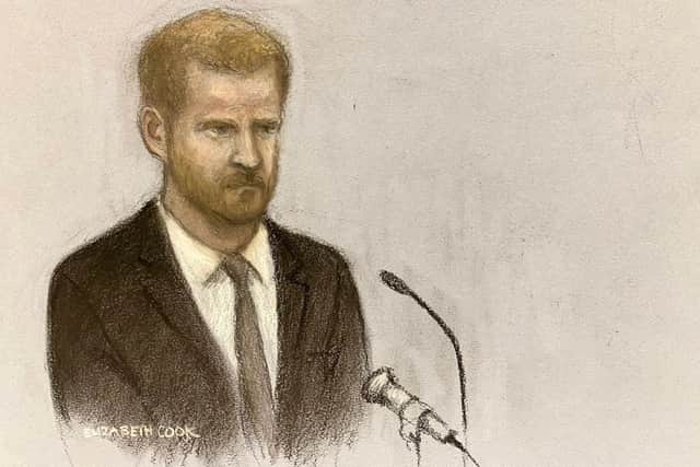Court artist sketch by Elizabeth Cook of the Duke of Sussex giving evidence at the Rolls Buildings in central London. PIC: Elizabeth Cook/PA Wire