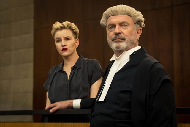 Kate Mulvany as Kate Lawson and Sam Neill as Brett Colby SC in The Twelve. Picture: ITV.
