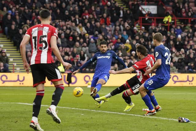 On target: Ben Brereton Díaz, centre, fires home Sheffield United's opening goal in the 2-2 draw with West Ham on Sunday (Picture: Andrew Yates / Sportimage)