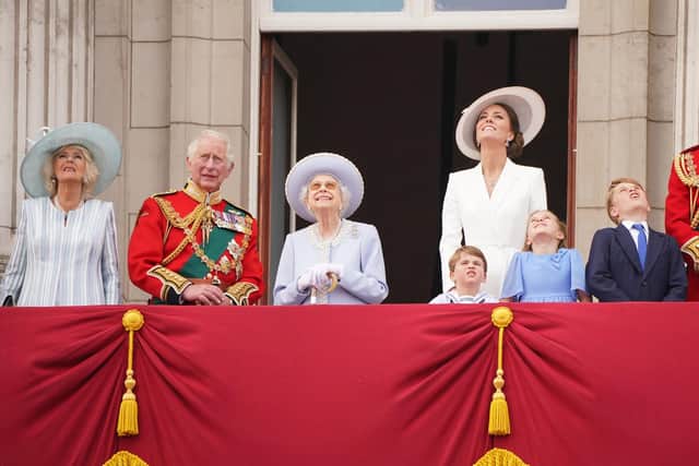 Queen Elizabeth II, the Duchess of Cornwall, the Prince of Wales, Prince Louis, the Duchess of Cambridge, Princess Charlotte, Prince George, and the Duke of Cambridge, on the balcony of Buckingham Palace, to view the Platinum Jubilee flypast, on day one of the Platinum Jubilee celebrations.
