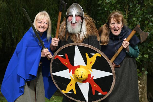 September 25th marks the anniversary of the Battle of Stamford Bridge in 1066, the last Viking invasion of York. The Stamford Bridge Festival Society are holding a festival on September 30th, with reenactments and battles on its land at the site. Pctured from left, Jenny Ashby, Steve Mercer and Sharon Gilpin.Photographed for the Yorkshire Post by Jonathan Gawthorpe.19th September 2023. 