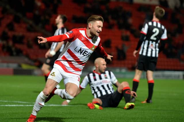 Alfie May, pictured celebrating scoring for Doncaster Rovers in an FA Cup replay against Chorley in November 2018.  Picture: Bruce Rollinson