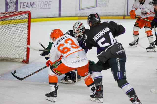 DOUBLE IT: Brendan Connolly makes it 2-0 to Sheffield Steelers at Manchester Storm. Picture courtesy of Mark Ferriss/EIHL Media.