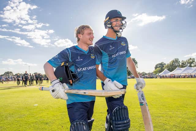 Harry Duke, left, and Dom Leech walk off after steering Yorkshire to a thrilling one-wicket victory against Surrey at York earlier this month. Picture by Allan McKenzie/SWpix.com