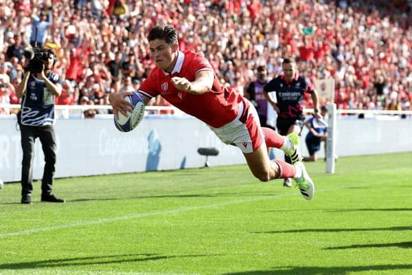 Louis Rees-Zammit of Wales scores his team's fourth try during the Rugby World Cup France 2023 match between Wales and Georgia before moving to the NFL: just three months later. (Picture: Catherine Ivill/Getty Images)