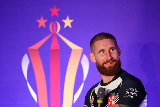 MANCHESTER, ENGLAND - OCTOBER 10: Sam Tomkins of England speaks during the Rugby League World Cup 2021 Tournament Launch events at the Science and Industry Museum on October 10, 2022 in Manchester, England. (Photo by Jan Kruger/Getty Images for RLWC2021)