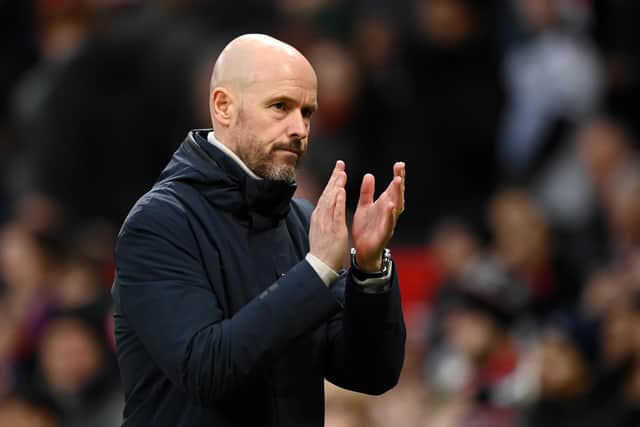 MANCHESTER, ENGLAND - FEBRUARY 04: Erik ten Hag, Manager of Manchester United, applauds fans during the Premier League match between Manchester United and Crystal Palace at Old Trafford on February 04, 2023 in Manchester, England. (Photo by Michael Regan/Getty Images)