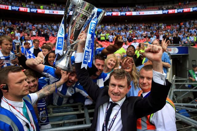 SELLING UP: Dean Hoyle during his first spell as Huddersfield Town chairman, celebrating promotion to the Premier League in 2017
