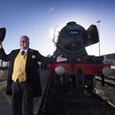 Crowds welcome back the Flying Scotsman back to Doncaster,  Freightliner Railport, Decoy Bank South, Doncaster. Andy Train from Hull dressed as Sir Topham Hatt in front of the train Picture taken by Yorkshire Post Photographer Simon Hulme
