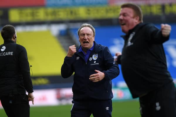 ONE JOB: Huddersfield Town boss Neil Warnock celebrates Huddersfield Town's opener in their win against Birmingham City as they battle to avoid the drop in the Championship. Picture: Jonathan Gawthorpe