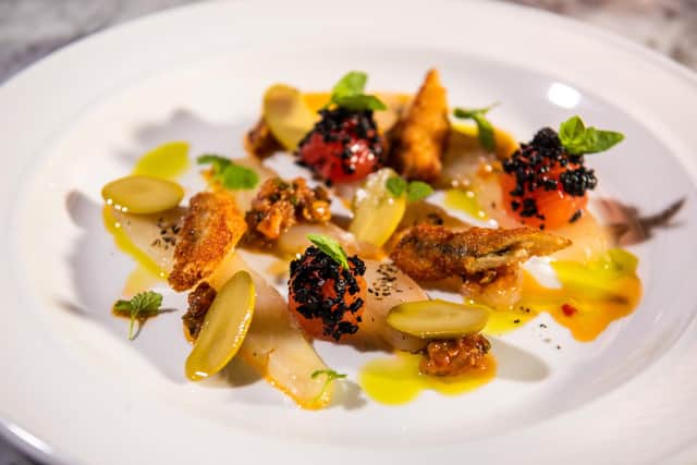 'Crudo' of North Sea Halibut, Confit Cherry  Vine Tomatoes, Bella di Cerignola Olives, Puttanesca Dressing, Crispy Anchovy. Picture By Yorkshire Post Photographer,  James Hardisty.
