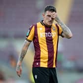 BRADFORD, ENGLAND - AUGUST 09: Andy Cook of Bradford City reacts during the Carabao Cup First Round match between Bradford City and Hull City at University of Bradford Stadium on August 09, 2022 in Bradford, England. (Photo by George Wood/Getty Images)
