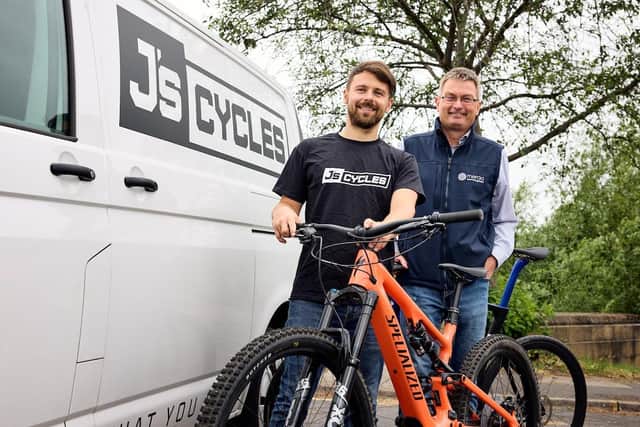James Wagner of J’s Cycle Shack, left, with Andy Clough of Mercia. (Photo supplied by Shaun Flannery/shaunflanneryphotography.com)