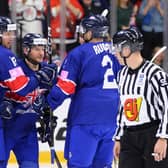 CAPTAIN FANTASTIC: Jonathan Phillips (centre) wants to deliver another promotion to the top tier for GB before he retires from the international game after this week's Division 1A World Championships tournament in Nottingham. Picture: Dean Woolley/Ice Hockey UK
