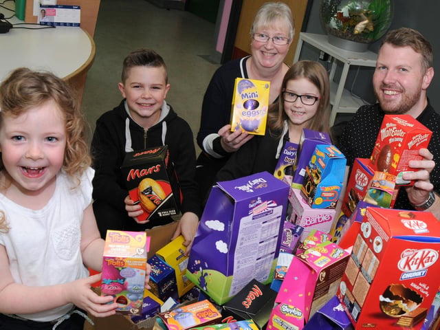 Grace Hutchingson 5, from Kings Clipstone with her family who supported her collection of Easter eggs in 2017, they are from left, brother, Rhys, Nana Jayne Berrisford, sister Milly and dad Adrian