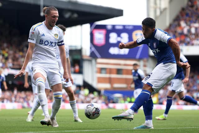 NO WAY THROUGH: Leeds United's Luke Ayling blocks a shot from Ipswich Town's Massimo Luongo at Portman Road Picture: George Tewkesbury/PA.