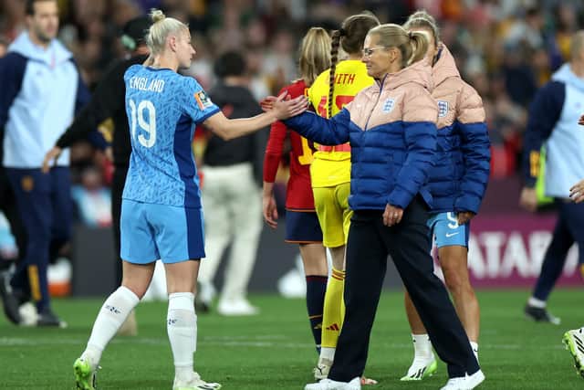 England's Bethany England (left) and head coach Sarina Wiegman after the FIFA Women's World Cup final match at Stadium Australia, Sydney.