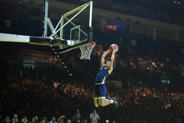 Hensy Sako of Sheffield Sharks on his way to winning the BBL Slam Dunk contest (Picture: courtesy of BBL via LS Media / Luke Simcock)