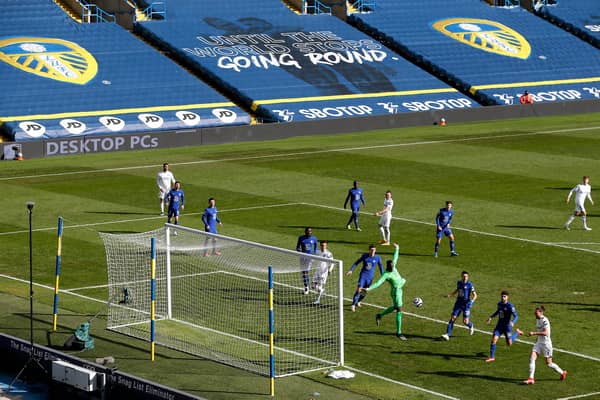 General view inside the stadium as Edouard Mendy of Chelsea makes a save during the Premier League match between Leeds United and Chelsea at Elland Road.