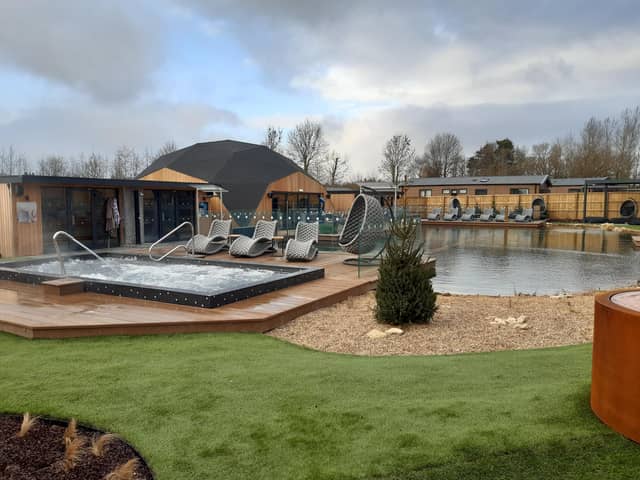 The outdoor hydro-therapy pool, sauna and steam room at Yorkshire Spa Retreat as well as the wild swimming pond.