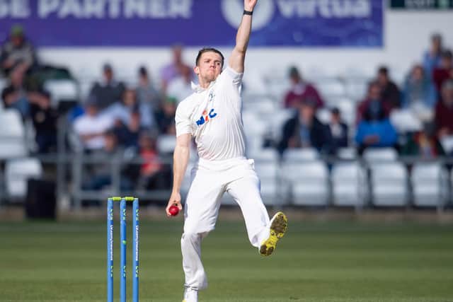 Matt Milnes bowling on his Yorkshire debut against Leicestershire at the start of the season before he was laid low by a recurrence of a lumbar stress fracture. Picture by Allan McKenzie/SWpix.com
