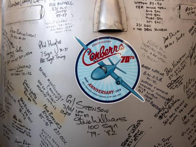 Signatures from the 70th Anniversary event on a piece of fuselage.Picture Bruce Rollinson