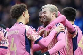 Leeds United's Patrick Bamford (centre) celebrates scoring their side's second goal of the game during the Emirates FA Cup Third Round match at the Weston Homes Stadium, Peterborough. Picture: Joe Giddens/PA Wire.