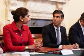 Home Secretary Suella Braverman with Prime Minister Rishi Sunak as he hosts a policing roundtable at 10 Downing Street, London. Picture: James Manning/PA Wire