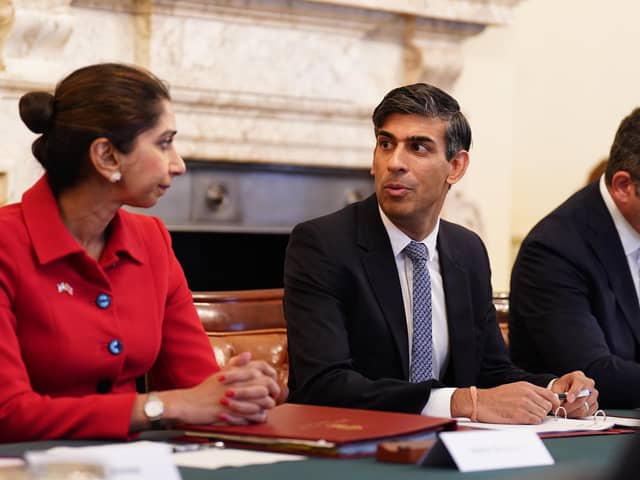 Home Secretary Suella Braverman with Prime Minister Rishi Sunak as he hosts a policing roundtable at 10 Downing Street, London. Picture: James Manning/PA Wire