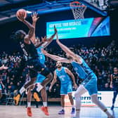 The spark: Devearl Ramsey charges to the basket for Sheffield Sharks against Caledonia Gladiators (Picture: Adam Bates)
