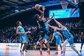 The spark: Devearl Ramsey charges to the basket for Sheffield Sharks against Caledonia Gladiators (Picture: Adam Bates)