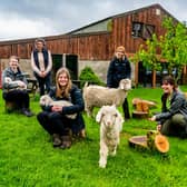 Farmer Catherine Calvert with Isabel Thompson, Ellie McKee, Joely Newell, and Hermione Pocock, from Yorkshire Dales National Park Authority (Tees-Swale: naturally connected Programme) looking after a few of Catherine's Angora goats. Picture By Yorkshire Post Photographer,  James Hardisty.