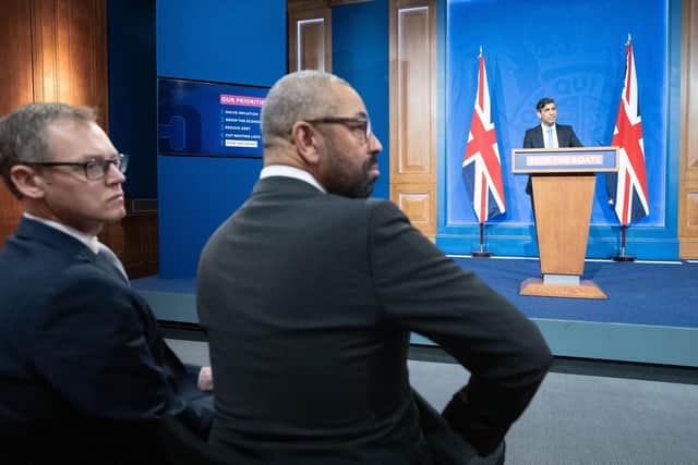 Minister of State for Countering Illegal Migration Michael Tomlinson (left) and Home Secretary James Cleverly, attend a press conference in Downing Street, London, held by Prime Minister Rishi Sunak after he saw the Safety of Rwanda Bill pass its third reading in the House of Commons. PIC: Stefan Rousseau/PA Wire