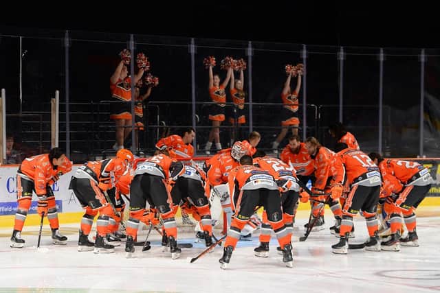 TOP STUFF: Sheffield Steelers' players gather round ahead of Sunday's face-off against Dundee Stars, a game they won 3-0. PIcture: Dean Woolley/Steelers Media.