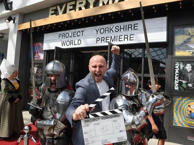 Crusading film-maker Sid Sadowskyj with knights in armour from Histrionics at the world premiere of Project Yorkshire at Everyman Leeds. Photo by Gerard Binks