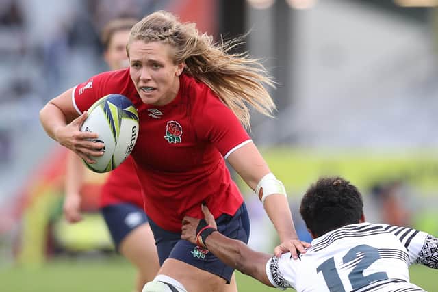 Zoe Aldcroft of England breaks a tackle to score a try during the Pool C Rugby World Cup 2021 New Zealand match between Fiji and England at Eden Park on October 08, 2022. (Picture: Phil Walter/Getty Images)