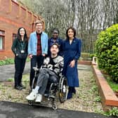 George Robinson with NHS staff members, Hugo Bugg, co-designer with Charlotte Harris of Horatio's Garden Sheffield and Chelsea from Harris Bugg Studio, and Dr Olivia Chapple, Horatio's Garden Founder and Chair.