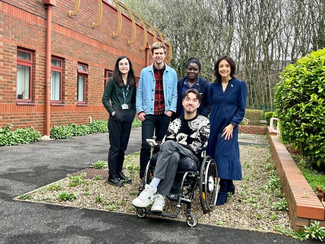 George Robinson with NHS staff members, Hugo Bugg, co-designer with Charlotte Harris of Horatio's Garden Sheffield and Chelsea from Harris Bugg Studio, and Dr Olivia Chapple, Horatio's Garden Founder and Chair.