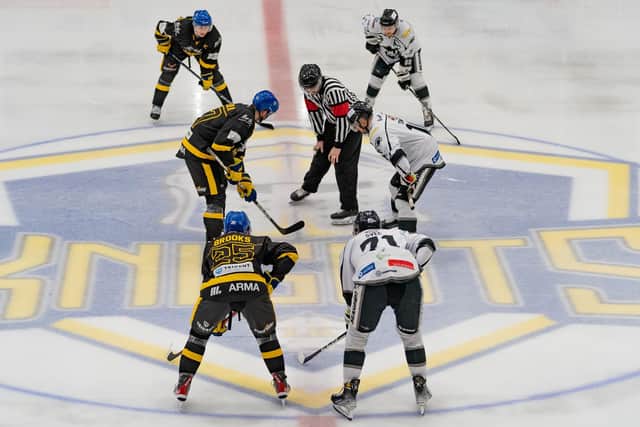FACE-OFF: Leeds Knights Cole Shudra (left) and Hull Seahawks' Sam Towner square up against each other in Sunday's derby clash at Elland Road Ice Arena. Picture courtesy of Oliver Portamento