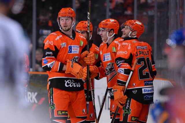 PARTY TIME: Sheffield Steelers celebrate Brandon Whistle's strike against Fife Flyers. Picture: Dean Woolley/Steelers Media.