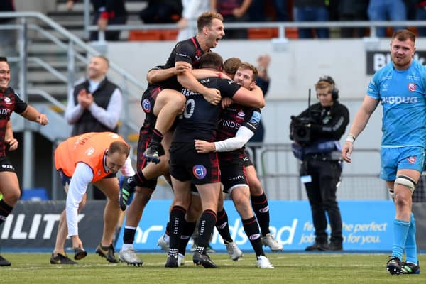 LAST-GASP STRIKE: Saracens celebrate after Owen Farrell kicked the winning conversion against Gloucester at StoneX Stadium Picture: Shaun Botterill/Getty Images