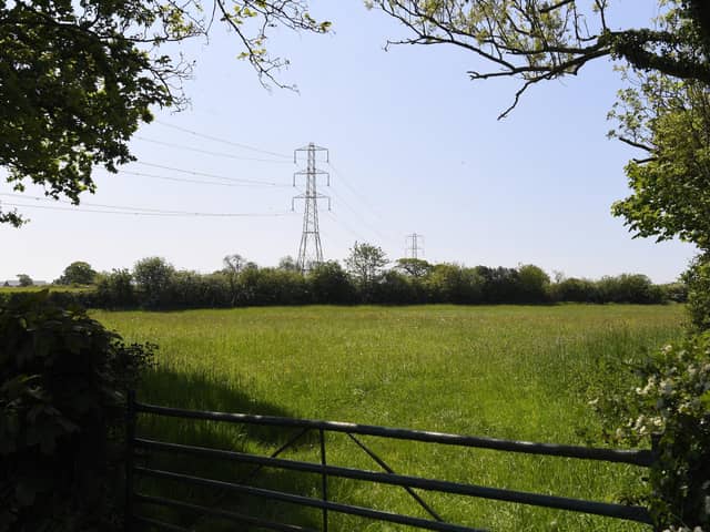 'What is the difference in the rural landscape between towering wind turbines and pylons?'