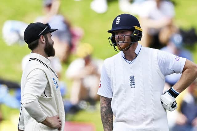 RESPECT: England's Ben Stokes, right talks with New Zealand's Kane Williams between overs on on day five in Wellington Picture: Andrew Cornaga/Photosport via AP