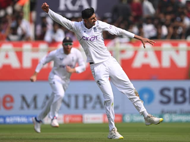 England bowler Shoaib Bashir celebrates his first test wicket, that of Rohit Sharma during day one of the 2nd Test Match between India  and England at ACA-VDCA Stadium on February 02, 2024 in Visakhapatnam (Picture: Stu Forster/Getty Images)