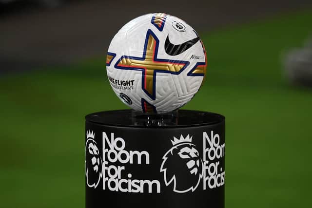 NOTTINGHAM, ENGLAND - OCTOBER 10: A Nike Flight Premier League match ball is seen on a 'No Room for Racism' campaign plinth prior to the Premier League match between Nottingham Forest and Aston Villa at City Ground on October 10, 2022 in Nottingham, England. (Photo by Michael Regan/Getty Images)