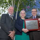 Prof Andrew Ball, Pro VC, University of Huddersfield and 3M BIC Chair; Sue Cooke, 3M BIC CEO; Sir George Buckley and Prof Bob Cryan, VC University of Huddersfield next to cherry tree planted to mark the 10-year milestone. Credit: Northern Exposure