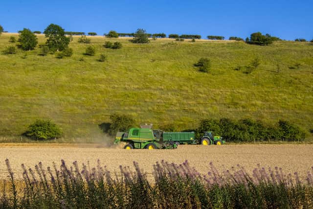 Farmers harvest the wheat in fields close to Thixendale in the Yorkshire Wolds. The National Farmers’ Union (NFU) and the Agriculture and Horticulture Development Board (AHDB) have announced the next steps for a jointly run independent review of farm to fork assurance. Both organisations believe now is the right time to conduct a robust and transparent review to ensure assurance schemes are fit for purpose in the modern farming environment.
Technical details Nikon D850, 24-70 mm lens shot with the exposure 1/500th of a second at  f9, 64 ISO. Picture Tony Johnson